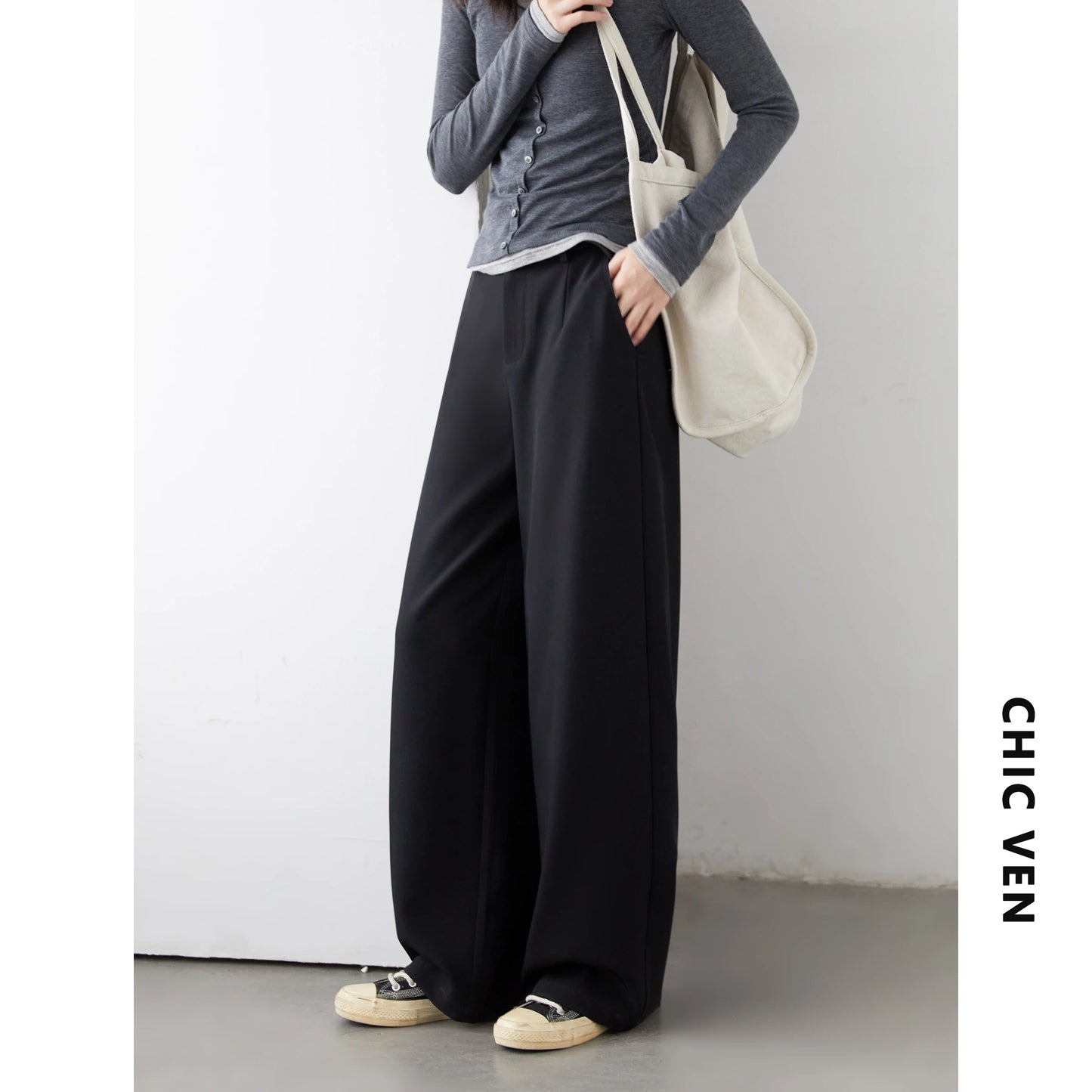 CHIC VEN Women Pants Solid Casual Slim Straight Leg Suit Wide Leg Ladies Trousers Spring Autumn 2025 Clothing for Woman
