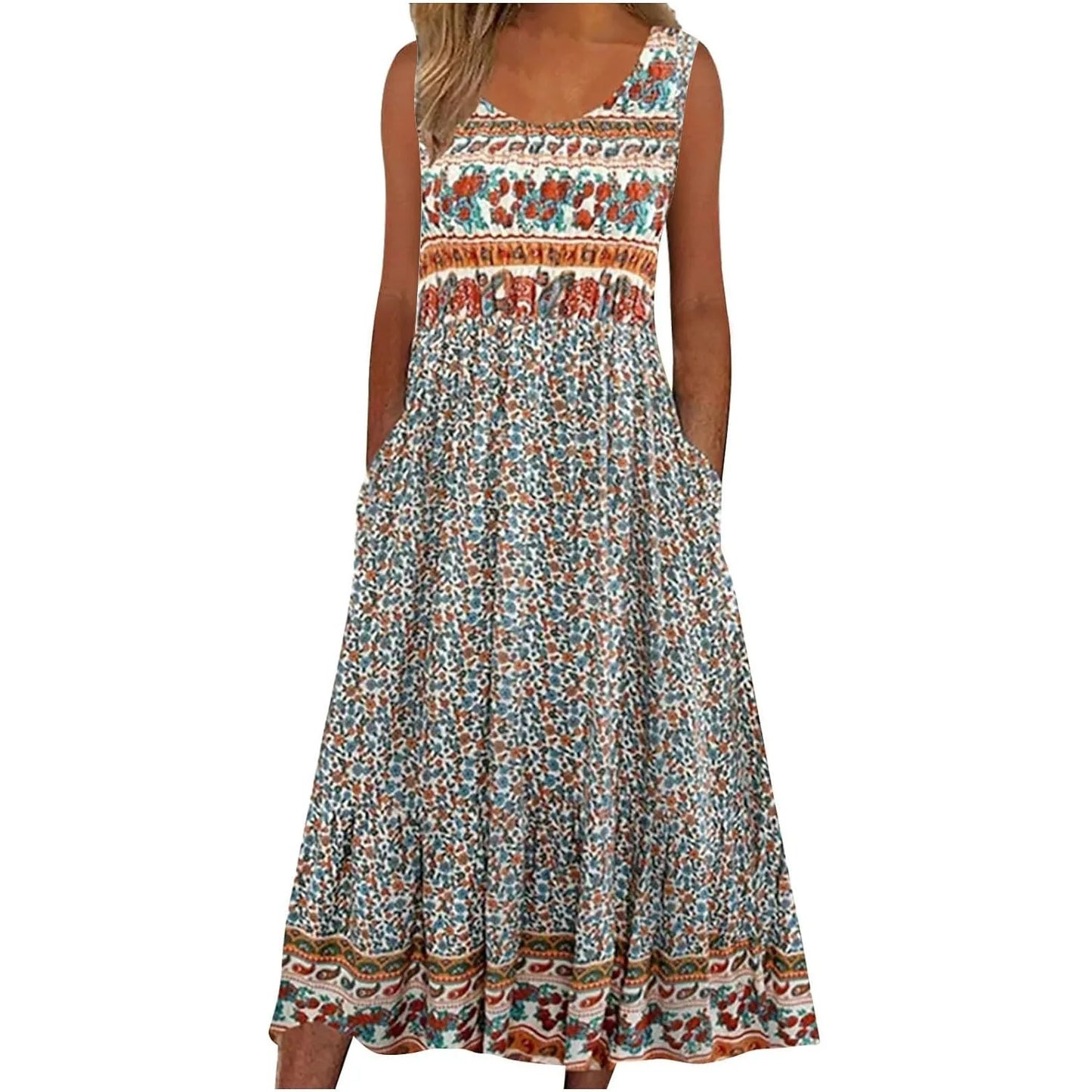 Sleeveless Pullover Dress - Women's Casual Knee-Length Print Pattern Dress in Polyester