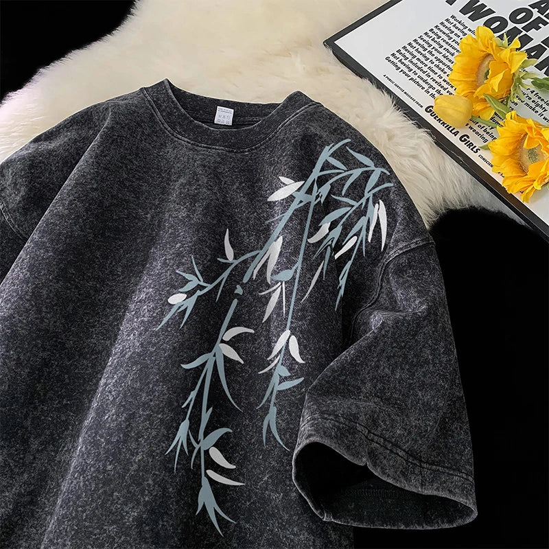 Acid Washed T-Shirt - Men's Streetwear Tee With Bamboo Leaf Print | Oversized Loose Fit
