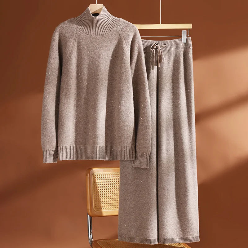 Autumn Winter Women's Sequins 100% Wool Knitted Turtleneck Pullover Sweater Wide Leg Pants Set Thick Casual Cashmere Knit Set