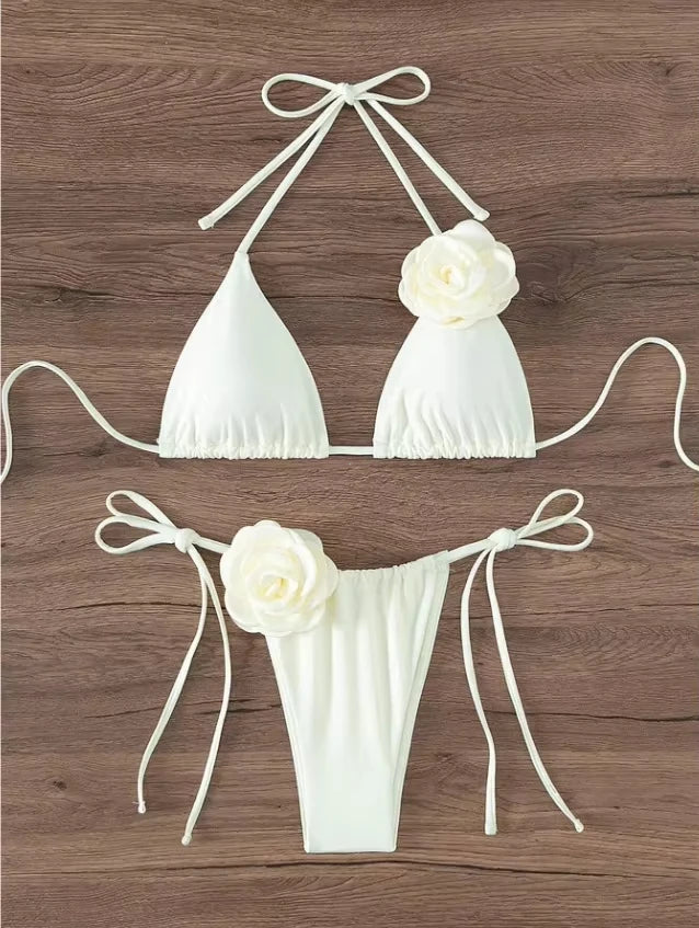 3D Flower Halter Bikini Set - Sexy Womens Swimwear - ZOOMNSTORE