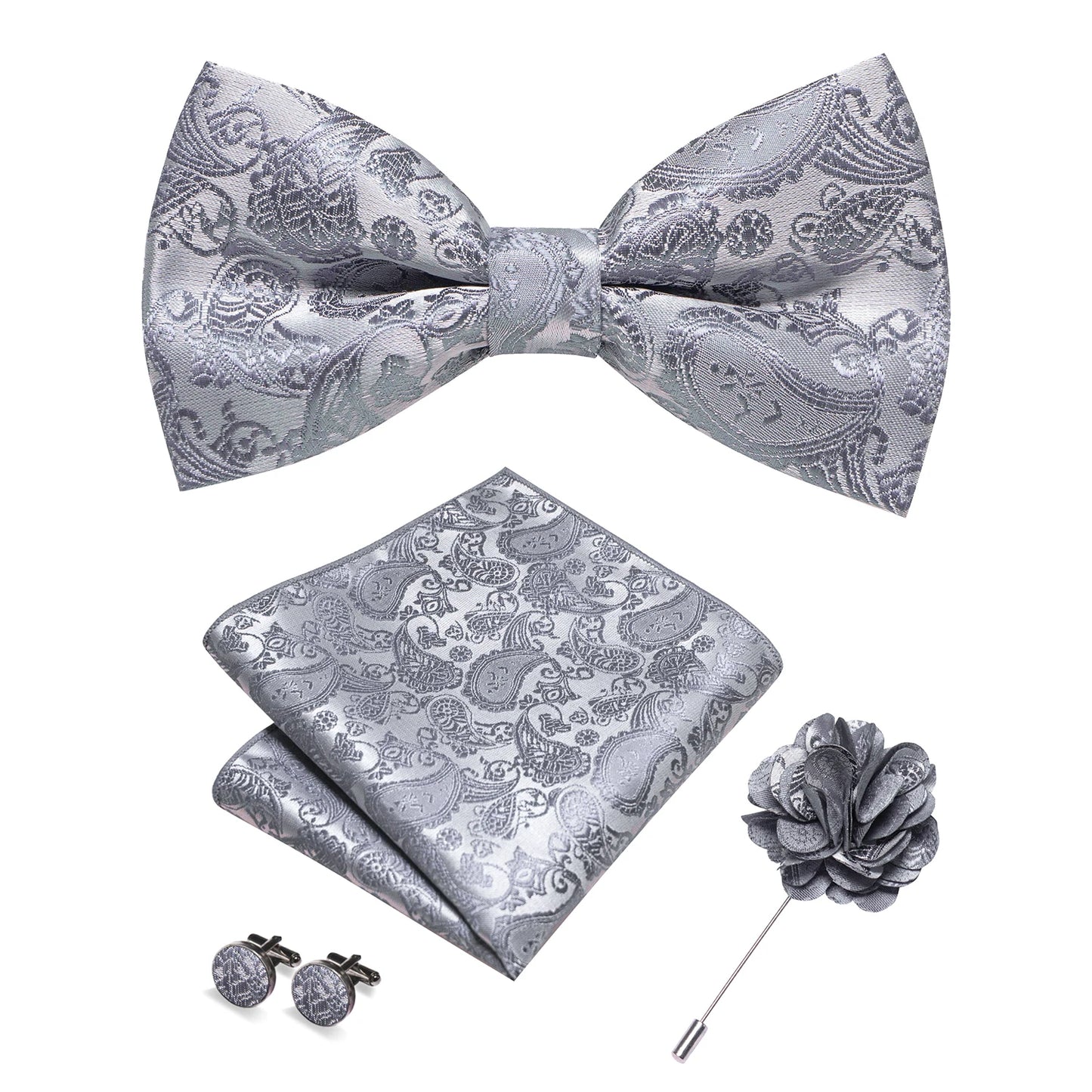 Champagne Silk Jacquard Paisley Bow Tie Set - Pre-tied Bowtie Brooch Hanky Cufflinks for Weddings Business