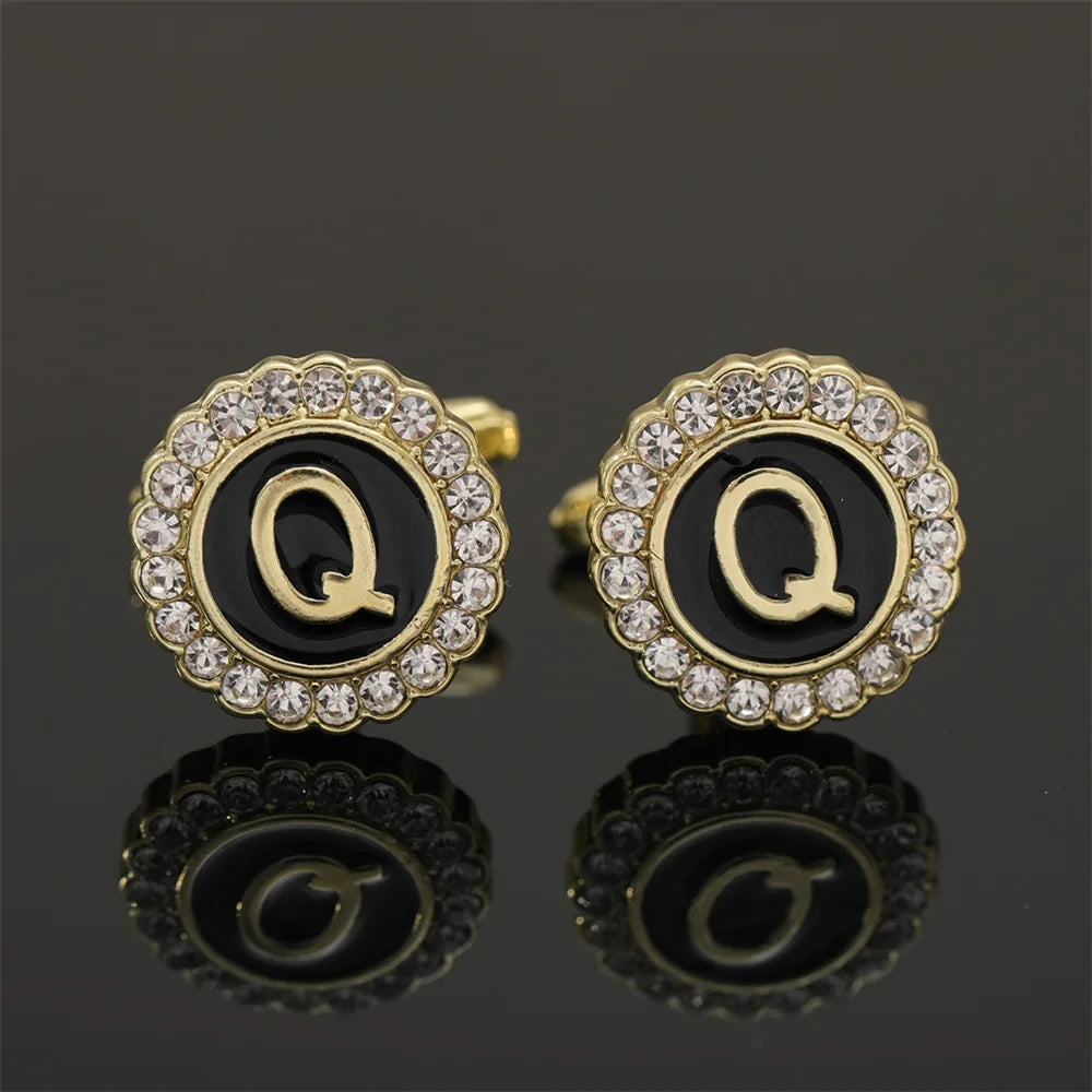 Alphabet Cufflinks A-Z - Crystal Rhinestone Round Initials for Mens Tuxedo Shirts