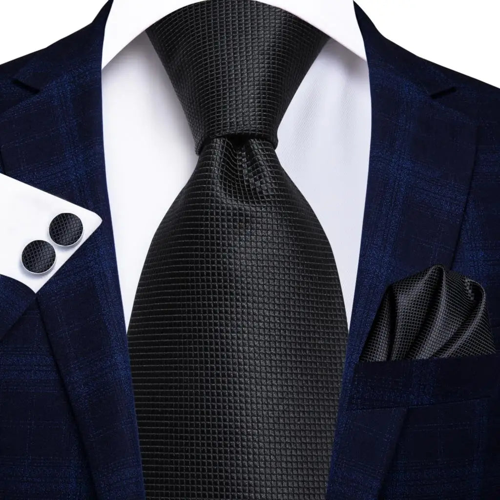 Black Floral Silk Wedding Tie Set - Elegant Necktie with Handkerchief Cufflinks for Men