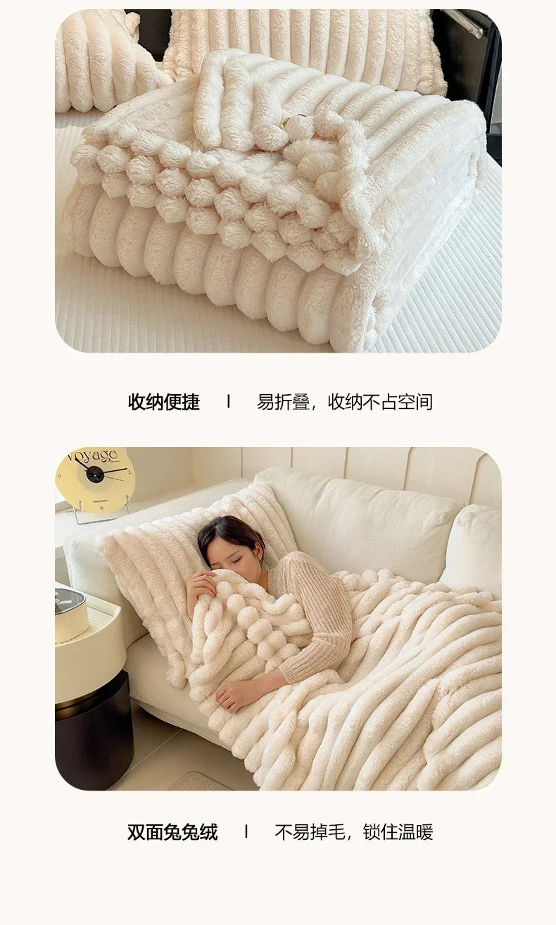 Artificial Rabbit Plush Blanket - Soft Coral Fleece Throw for Bed Sofa - ZOOMNSTORE