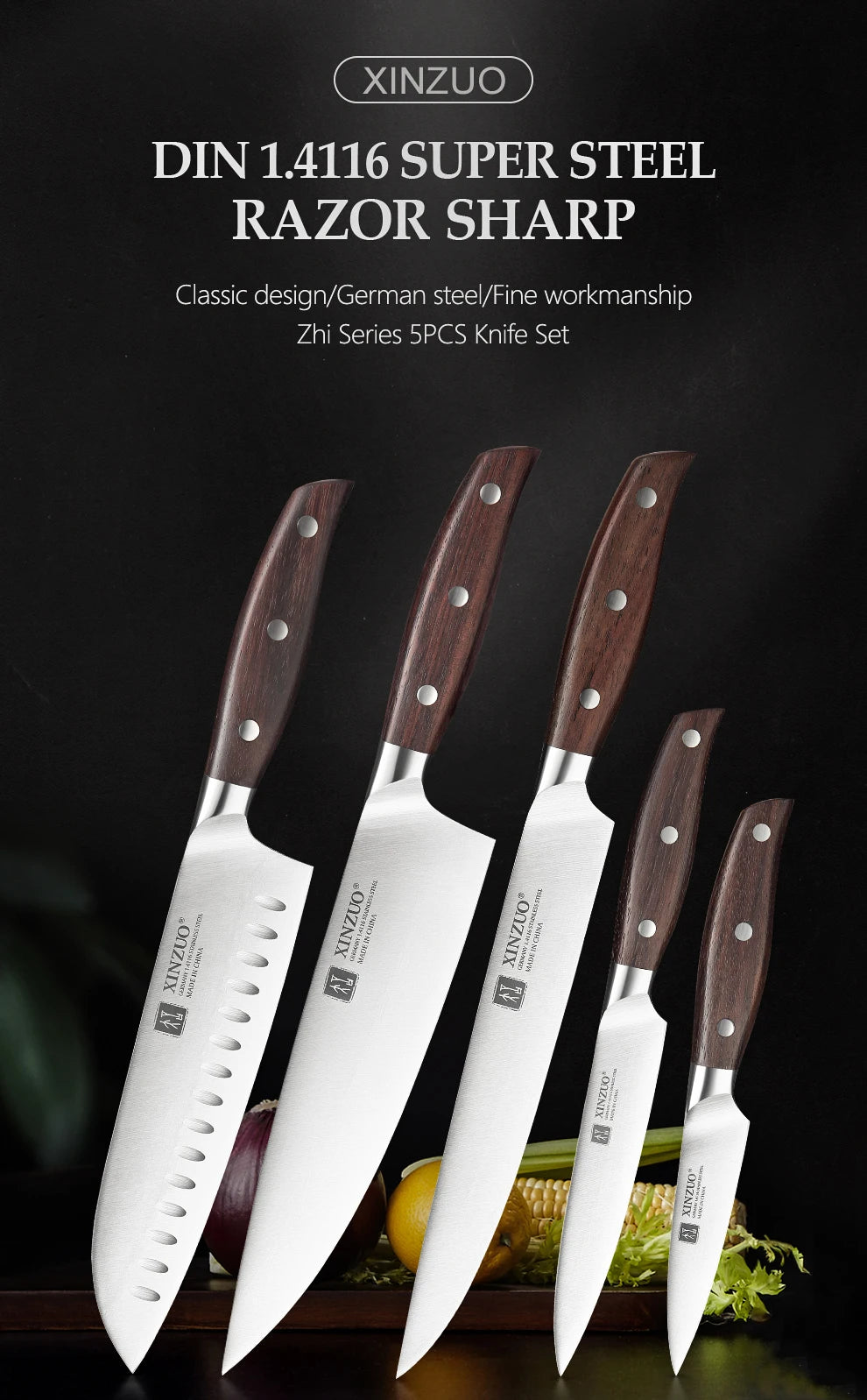 XINZUO High Quality Paring Utility Cleaver Knife Set - 35 5 8 Germany 14116 Stainless Steel