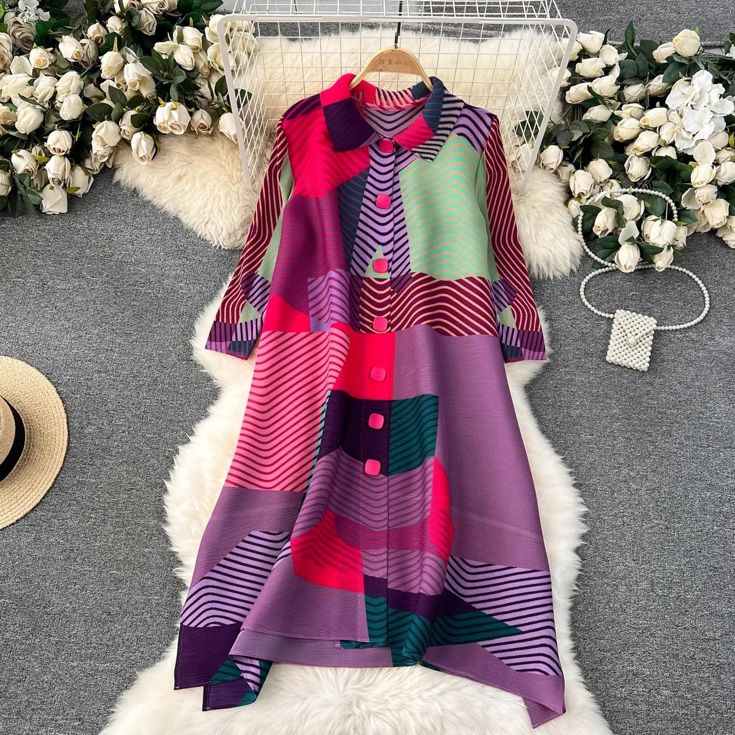 Miyake Pleated Drape Dress Women 2024 Spring Summer Colorblock Printing Lapel 3/4 Sleeve Single-breasted Fashion Shirt Dresses