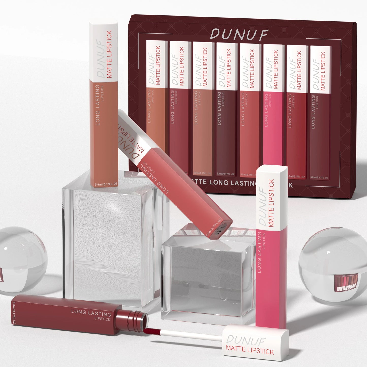 Matte Lip Gloss 8pc/set-Waterproof Long Lasting Non-Stick Cup Liquid Lipstick Kit Nude Bold Shades Moisturizing Lip Tint Makeup