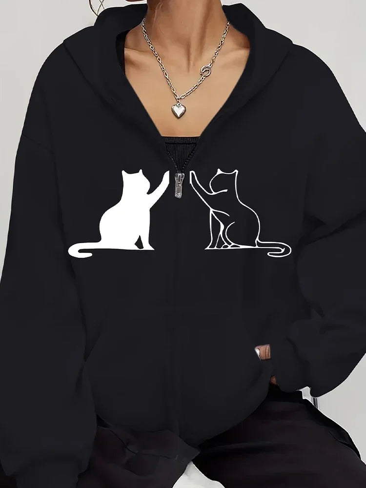 Harajuku Women's Sweatshirts Long Sleeve Zip-Up Casual Jacket with Cat Prints, Suitable for All Seasons Women'S Apparel Hoodie