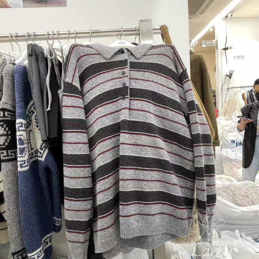 Retro Korean Style Striped Loose Fit Long Sleeve Knitwear Casual Comfortable Warm Collared Sweater for Women Spring Autumn Wi...