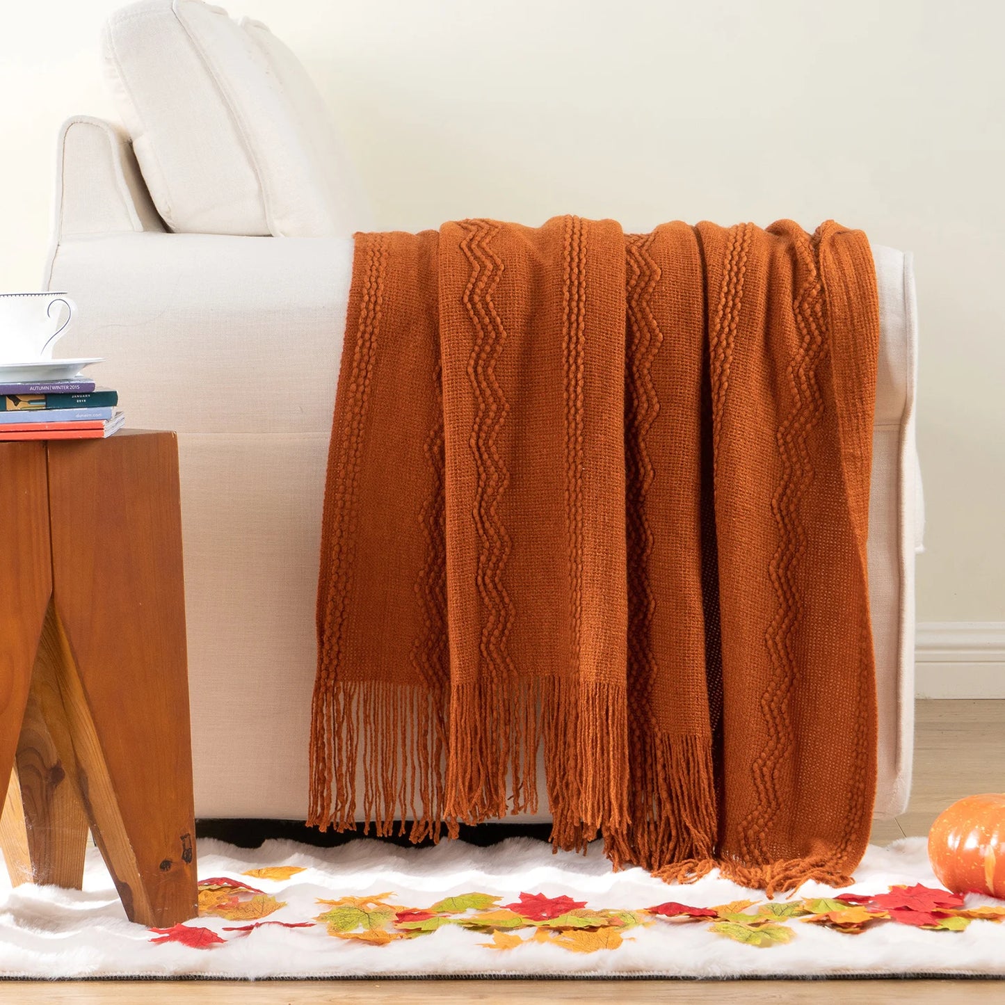 Caramel Knit Throw Blanket - Lightweight Plaid Blanket for Couch and Bed