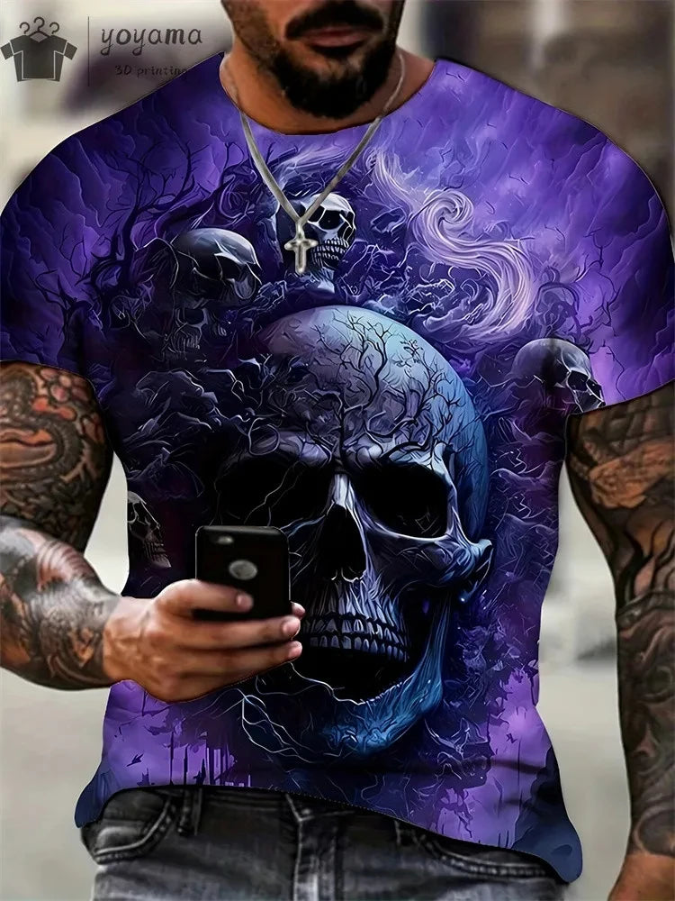 Mens Oversized 3D Skull Print T-Shirt - Summer Horror Fashion Tee - ZOOMNSTORE