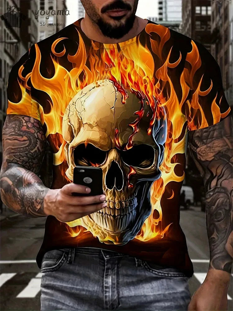 Mens Oversized 3D Skull Print T-Shirt - Summer Horror Fashion Tee - ZOOMNSTORE