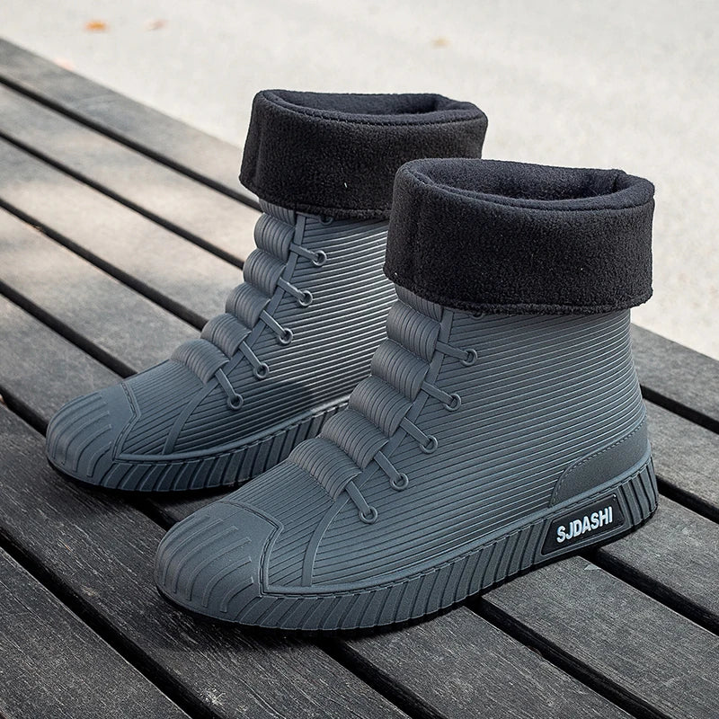 Waterproof Rain Boots - Men Women Mid-Calf Lined Fleece Casual PVC Shoes