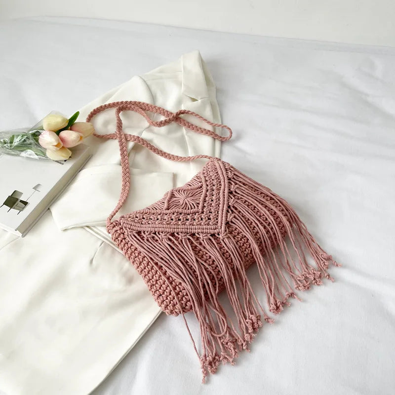 Handmade Cotton Crossbody Bag - Vintage Tassel Shoulder Messenger for Women Summer Beach Handbag 2023