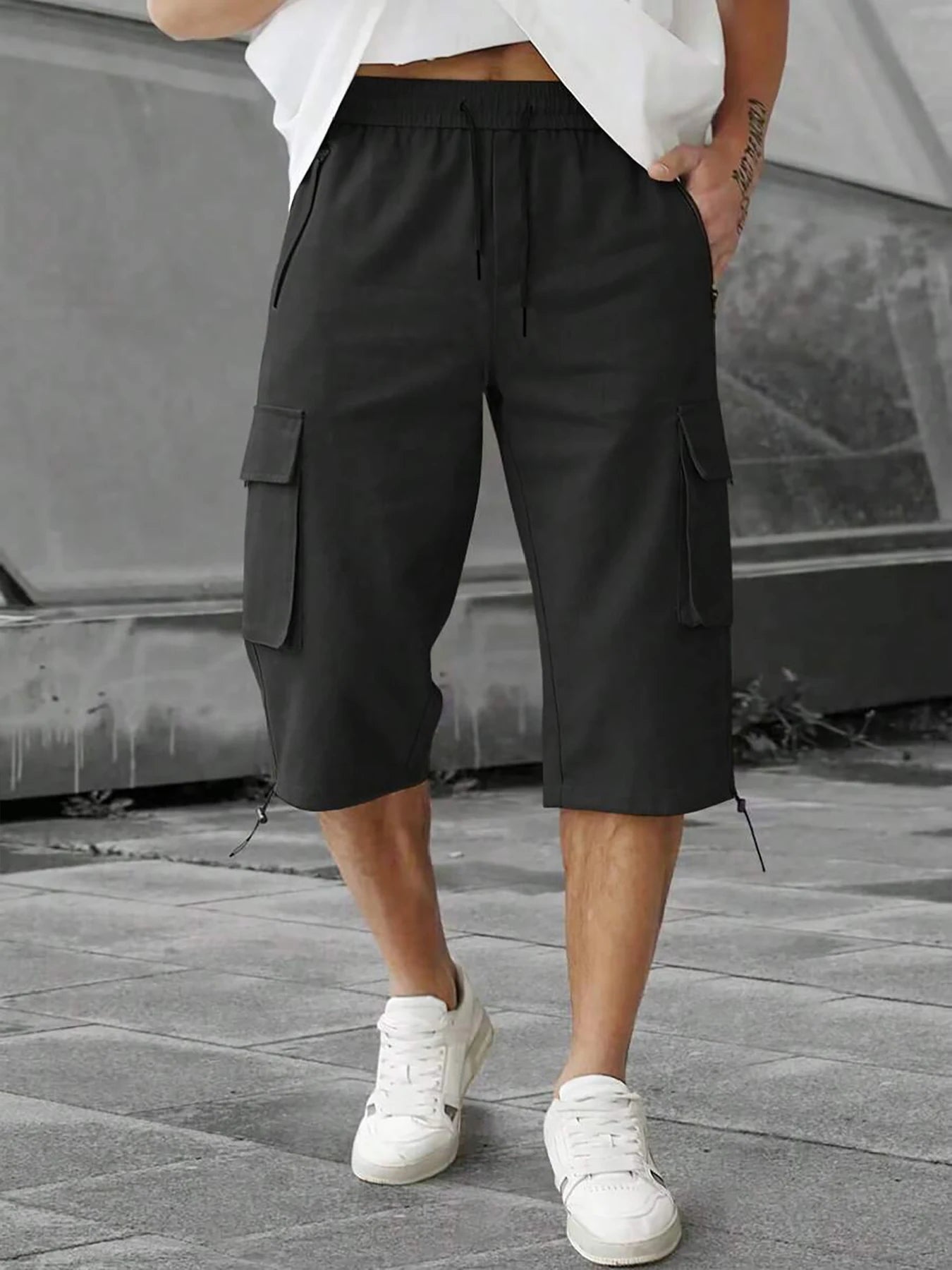 Men's 3/4-Length Cargo Shorts — Woven Twill Fabric, Multi-Pocket Casual Trousers. Non-Stretch Adult Apparel for Summer