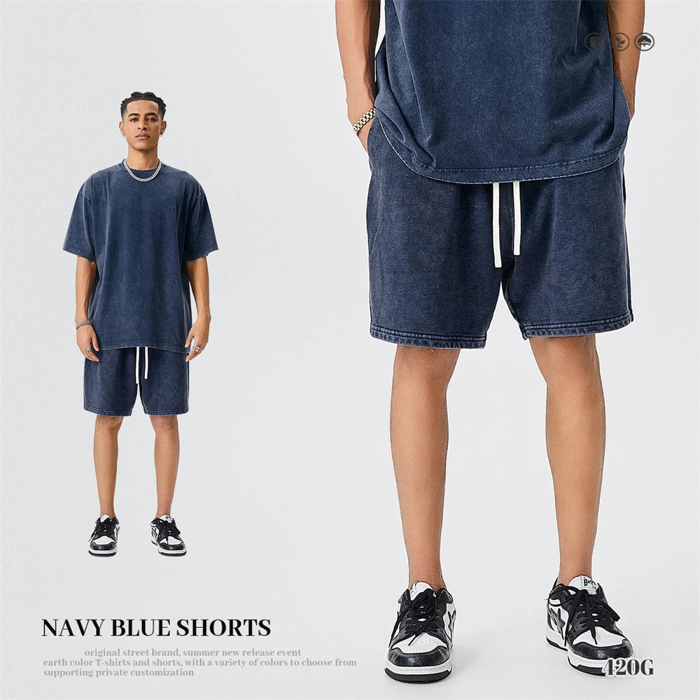 ZODF Trendy Batik Washed 420gsm Cotton Shorts For Men Retro Unisex Basic Heavy Weight Loose Solid Shorts Brand Bottoms HY0855