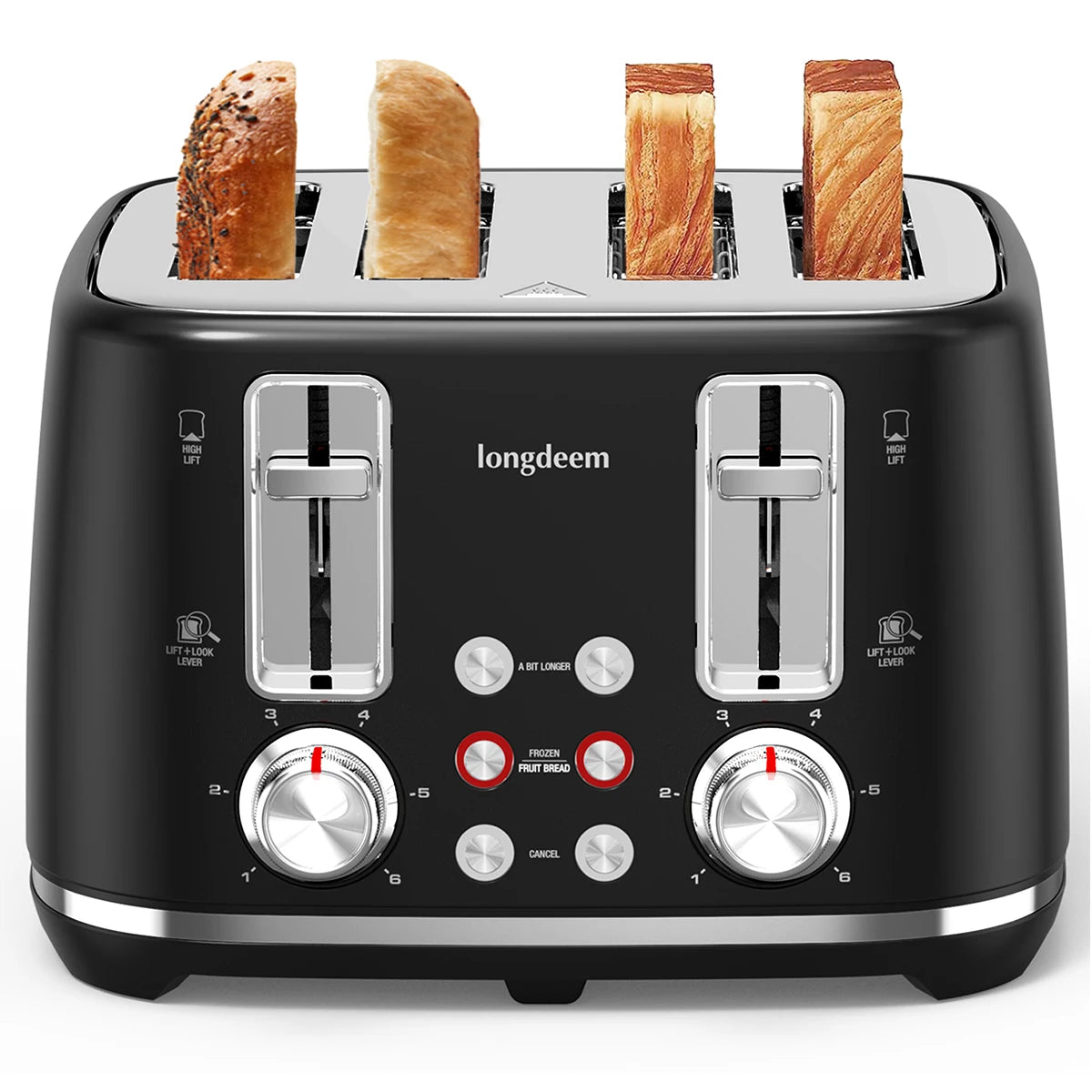 4-Slice Stainless Steel Toaster - Extra Wide Slots Dual Controls Removable Crumb Tray 6 Shade Settings Black