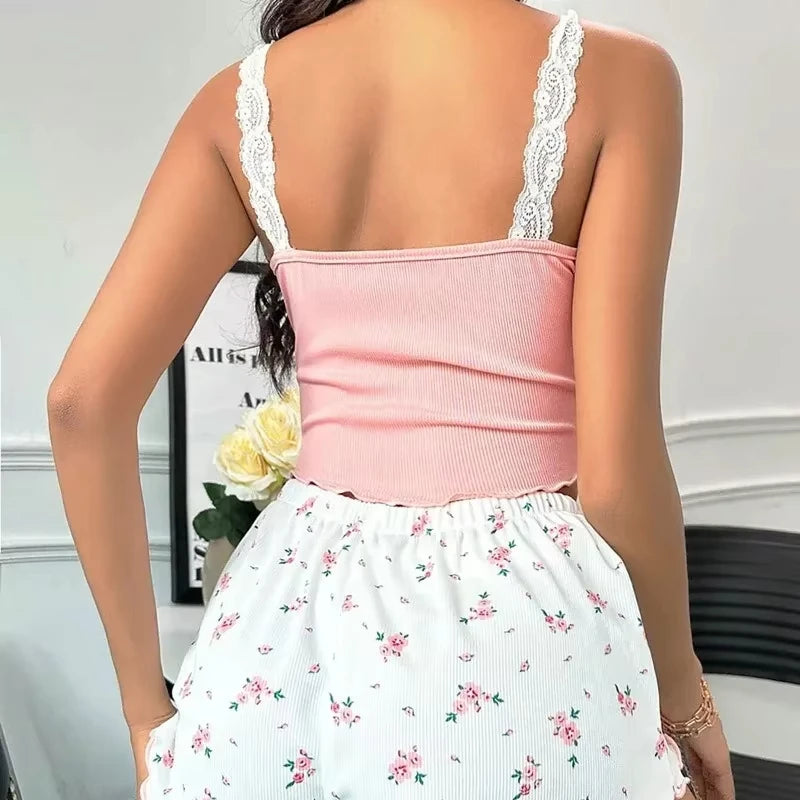 Womens Pink Lace Pajama Set - V-Neck Cami Top Printed Shorts Sleepwear - ZOOMNSTORE