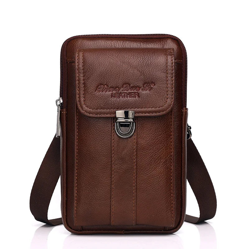 Men's Leather Messenger Bag - Multi-Functional Cowhide Chest Bag With Zipper Closure