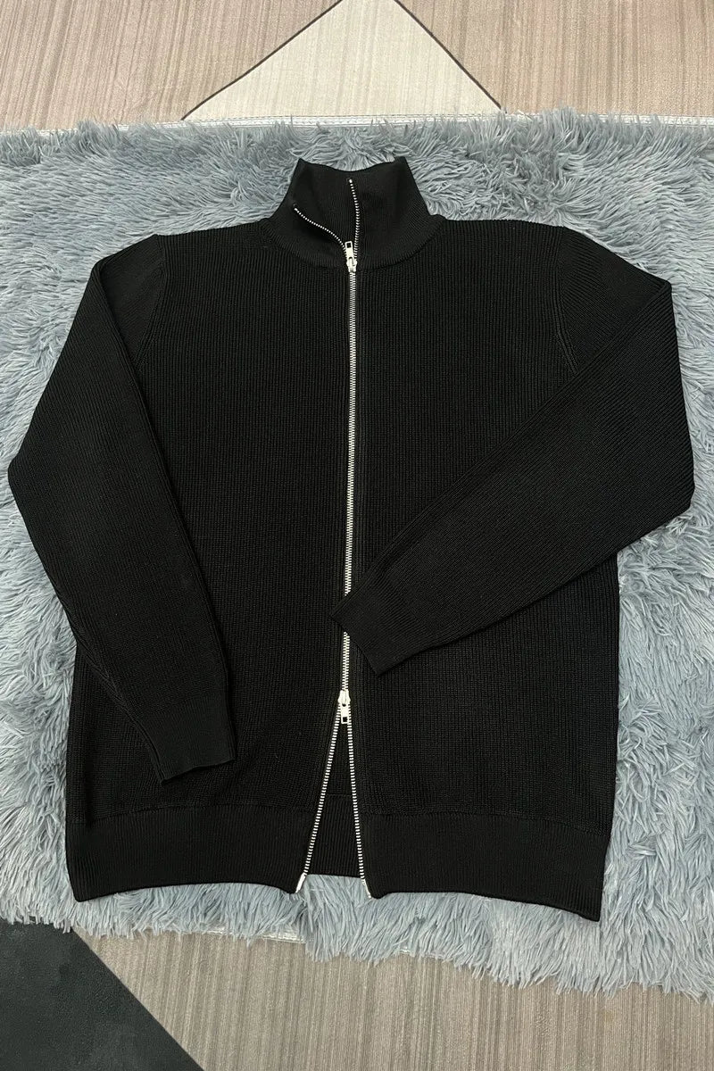 Asian size Autumn Winter Men Loose Casual Knit Sweater Zipper Semi High Neck Long Sleeve Cardigan Lazy Comfortable Warm Top