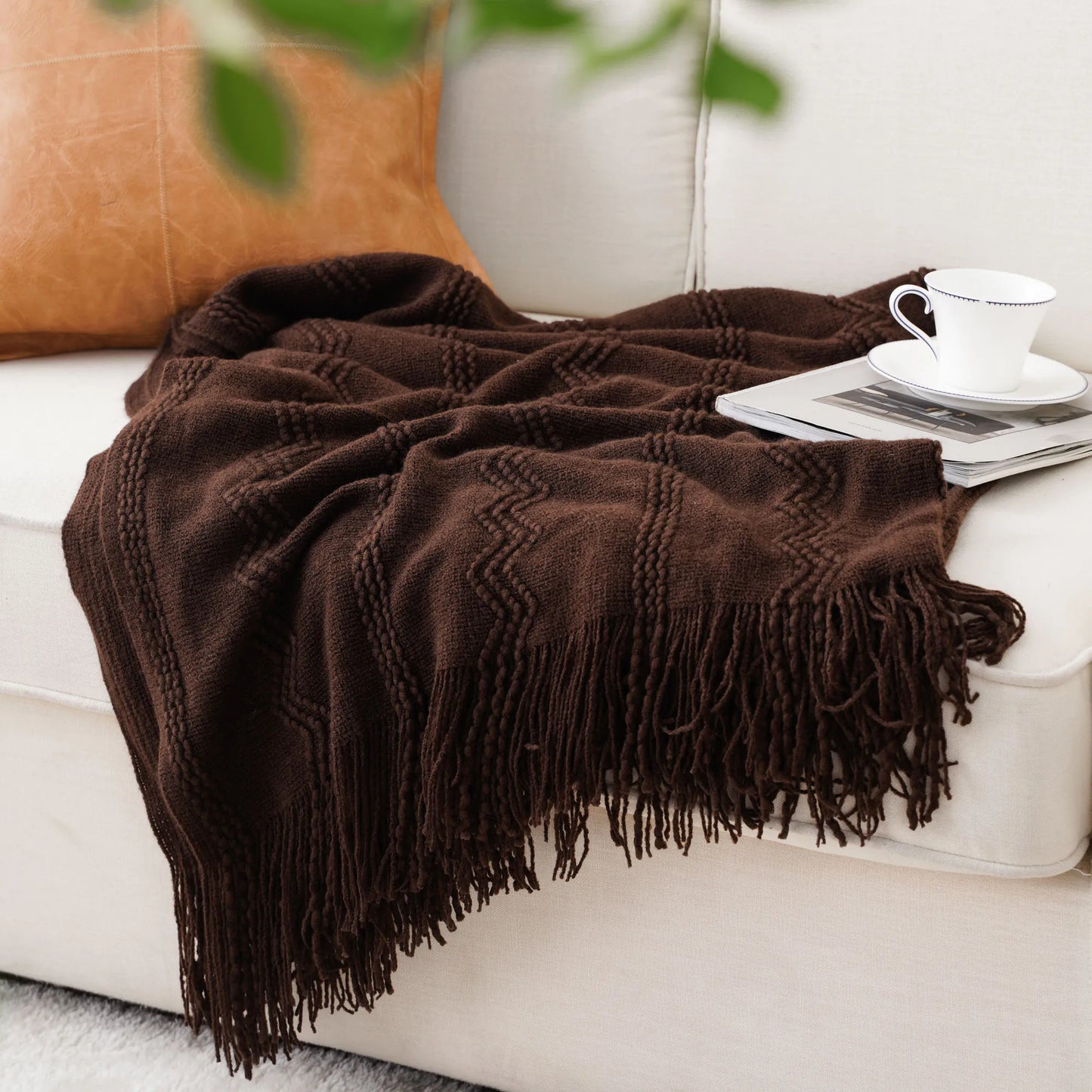 Caramel Knit Throw Blanket - Lightweight Plaid Blanket for Couch and Bed