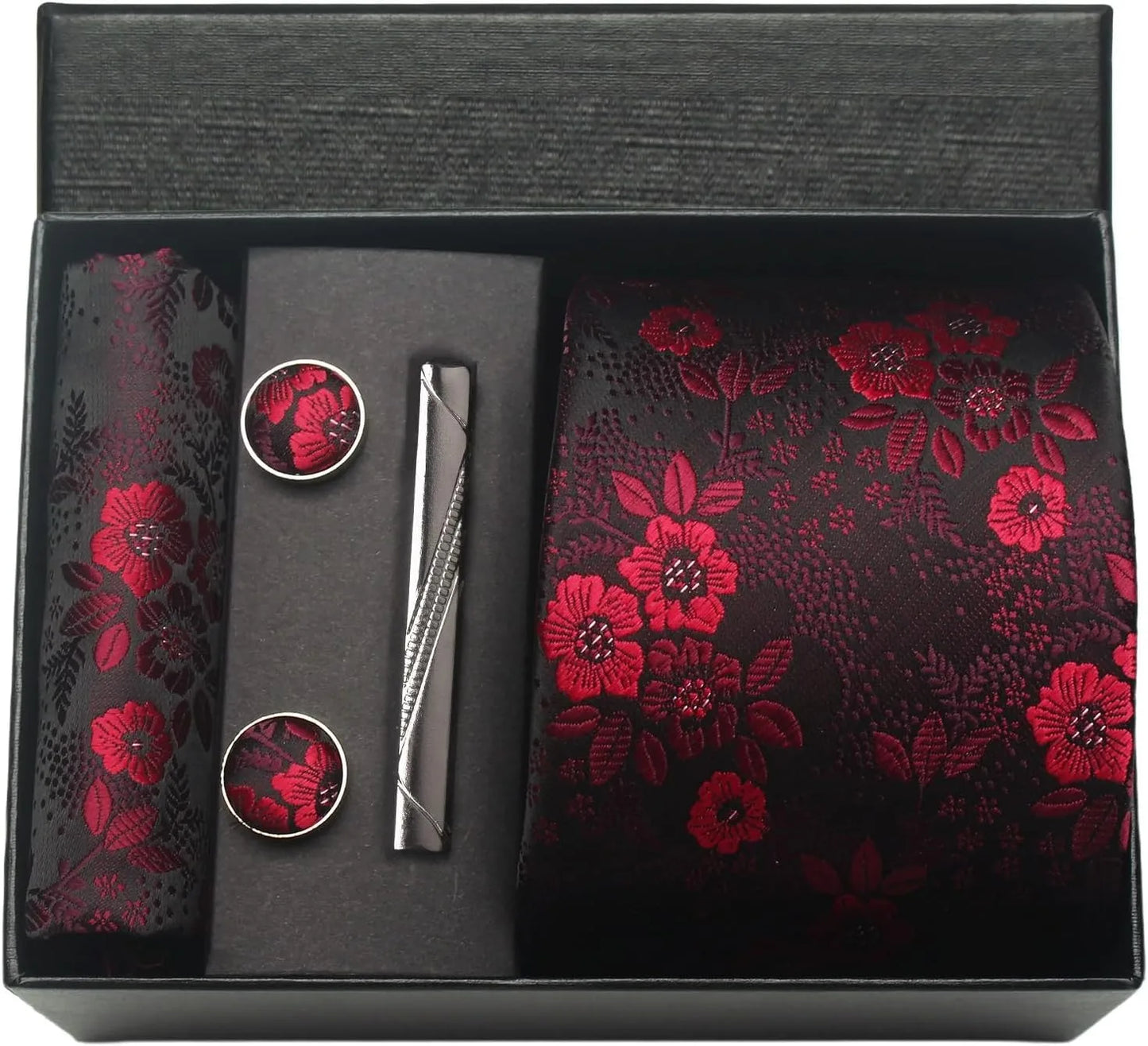 Silk Necktie Set - Paisley Floral Tie with Pocket Square Tie Clip Cufflinks for Men in Gift Box