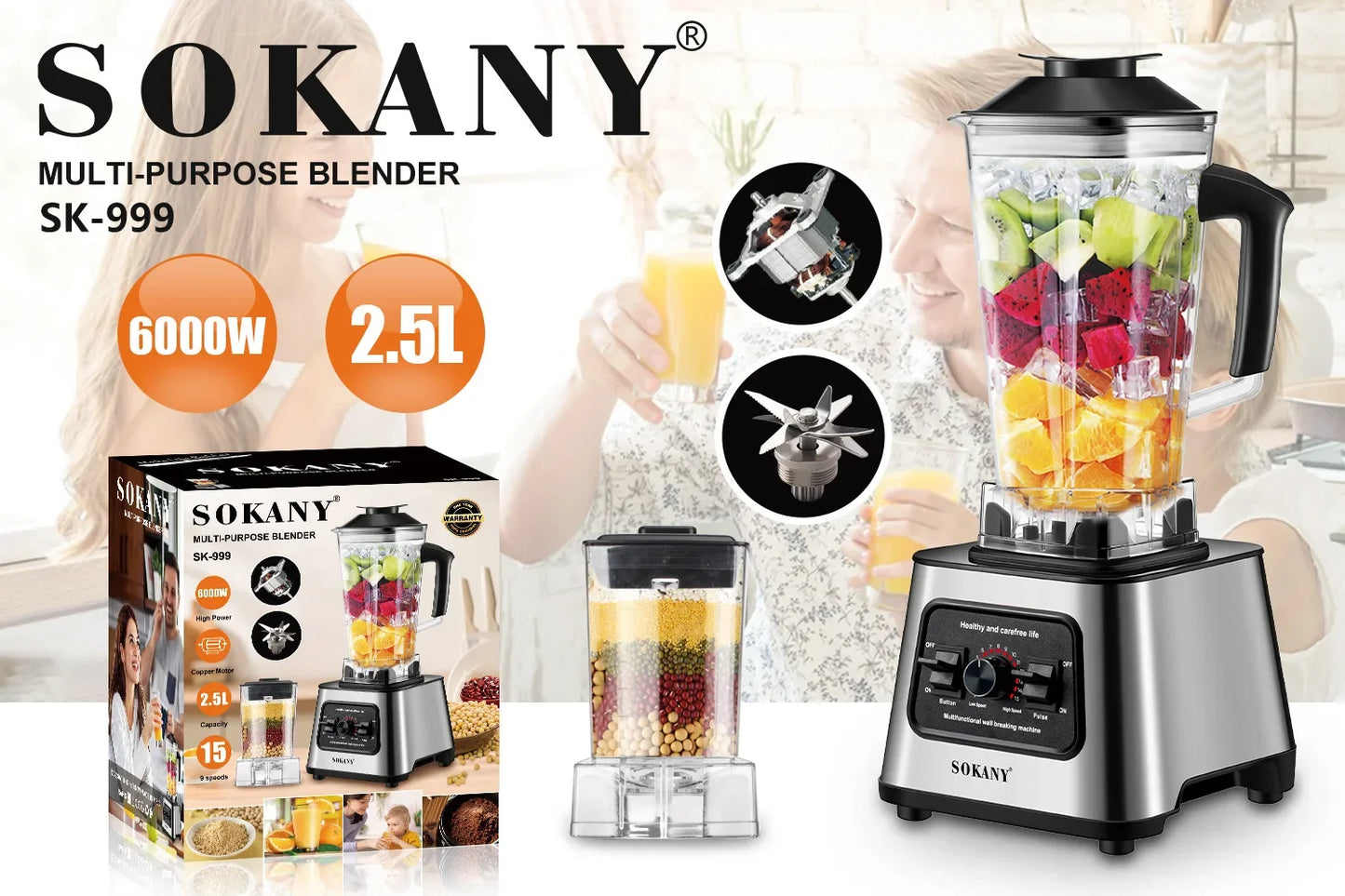 6000W Professional Blender - Smoothie Maker with 25L Container for Ice Nuts and Fruits