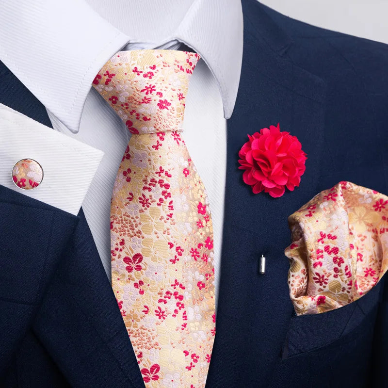 Luxury Mens Floral Black Gold Tie Set - Paisley Necktie Pocket Square Cufflinks Brooch for Weddings and Parties