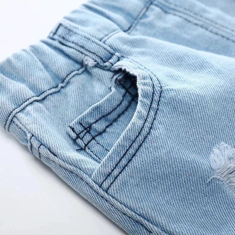 Kids Denim Boy Shorts - Casual Torn Jeans Knee Length Elastic Waist Fashion Trousers 2-8Y
