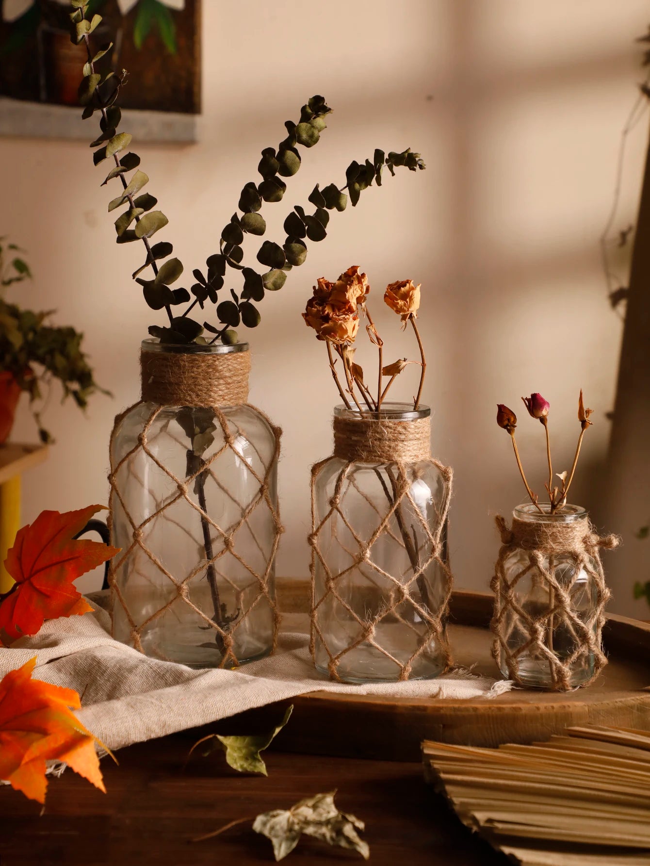 Hand Woven Hemp Rope Glass Vase - Boho Nordic Dry Flower Decor