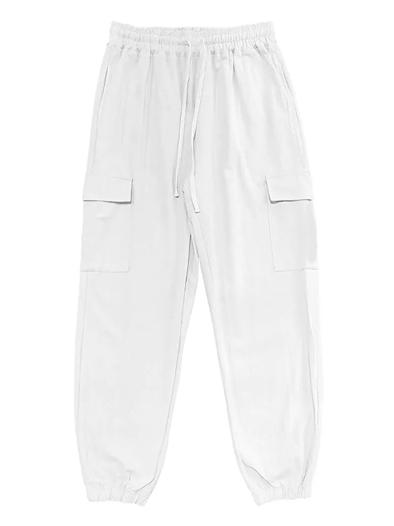 Men's Cotton Linen blend Cargo Jogger Pants Elastic Waist Drawstring Multi Pockets Casual Breathable Streetwear Trousers for Men