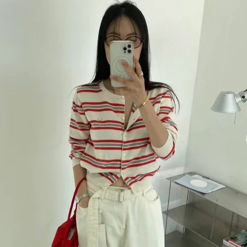 Spring New Classic Striped round Neck Button up Soft Knitted Open Cardigan Fashionable Design Sensation Women's Sweater