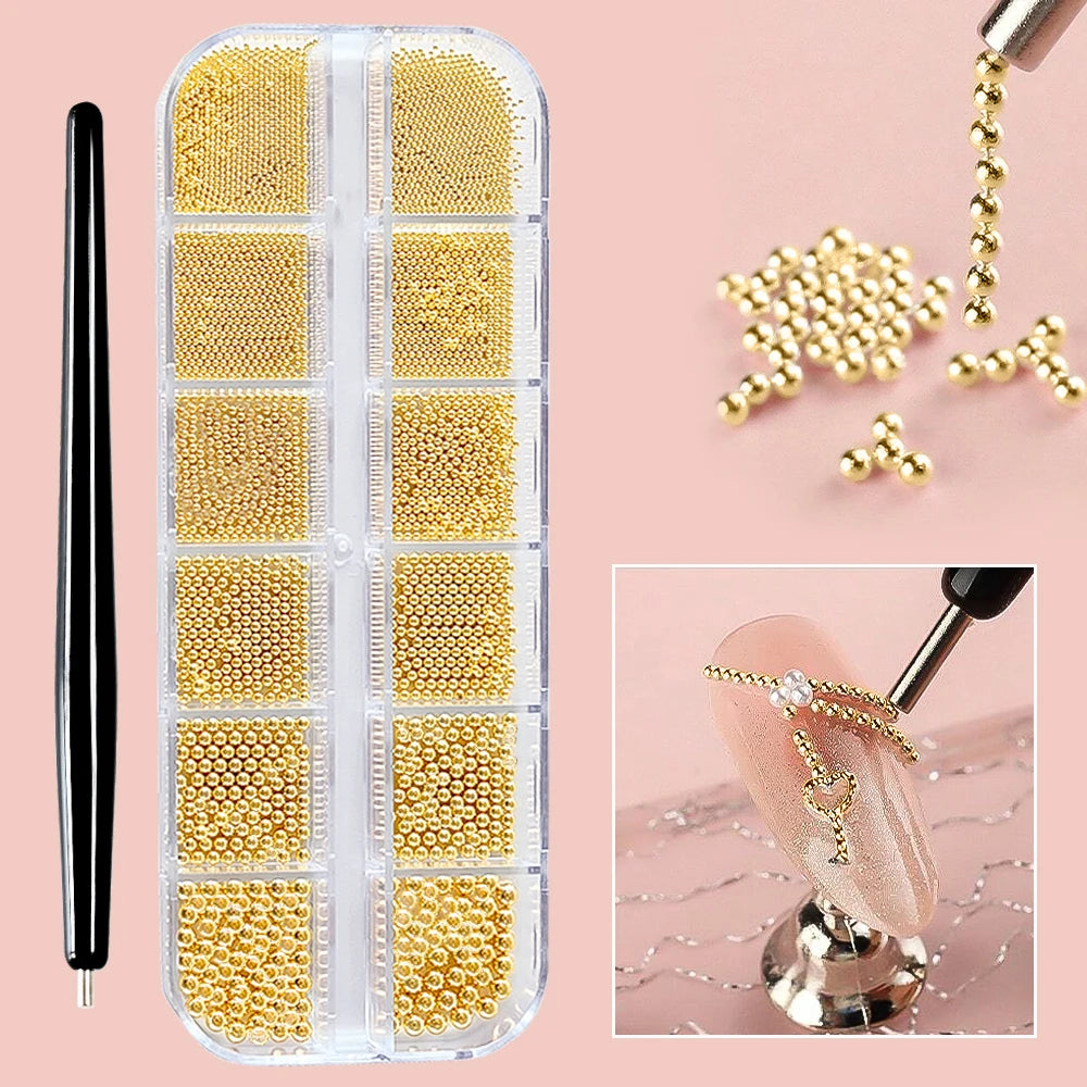 Mini Caviar Beads Nail Art Set - GoldSilver Micro Ball Charms with Magnetic Pen