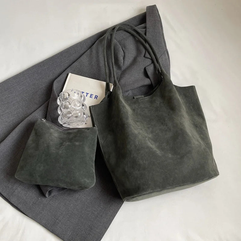 Women's Suede Shoulder Bag - High Capacity Casual Tote With Zippered Purse & Cell Phone Pocket
