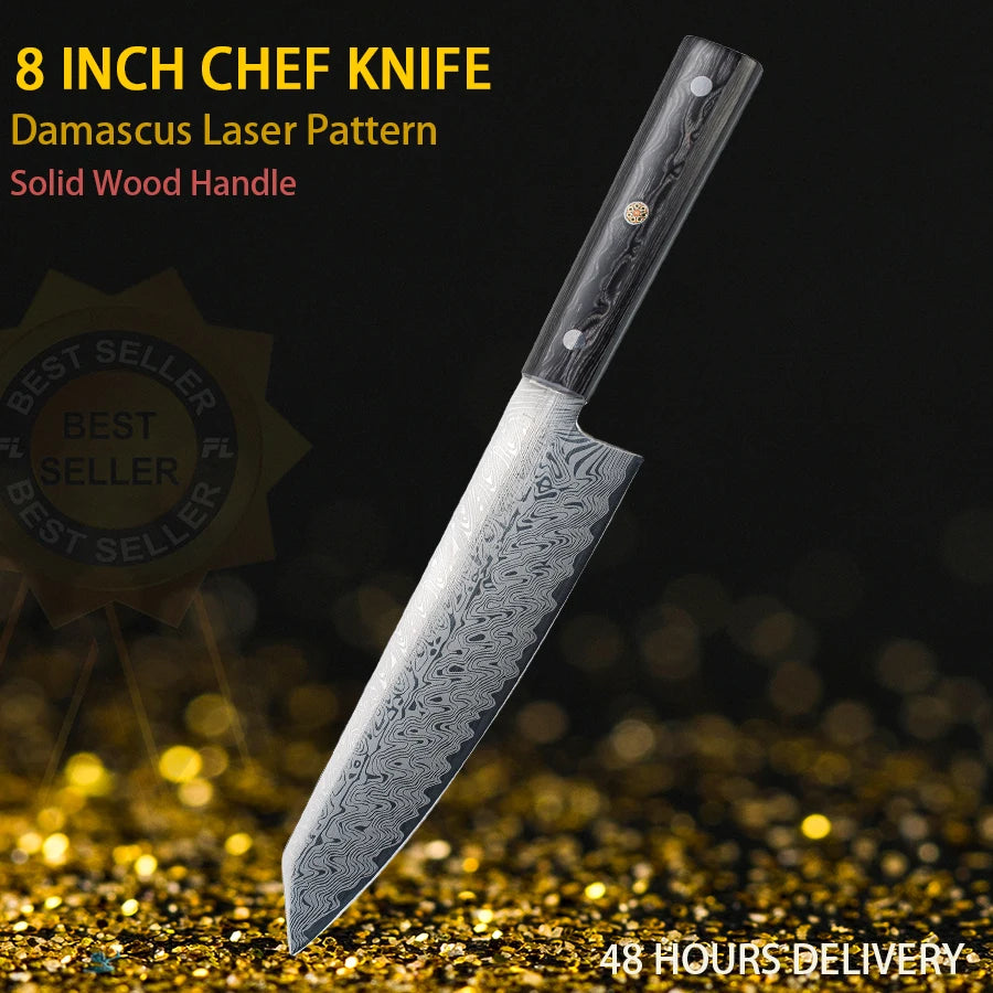 Damascus Chef Knife - Japanese Santoku Slicing Knife with Solid Wood Handle