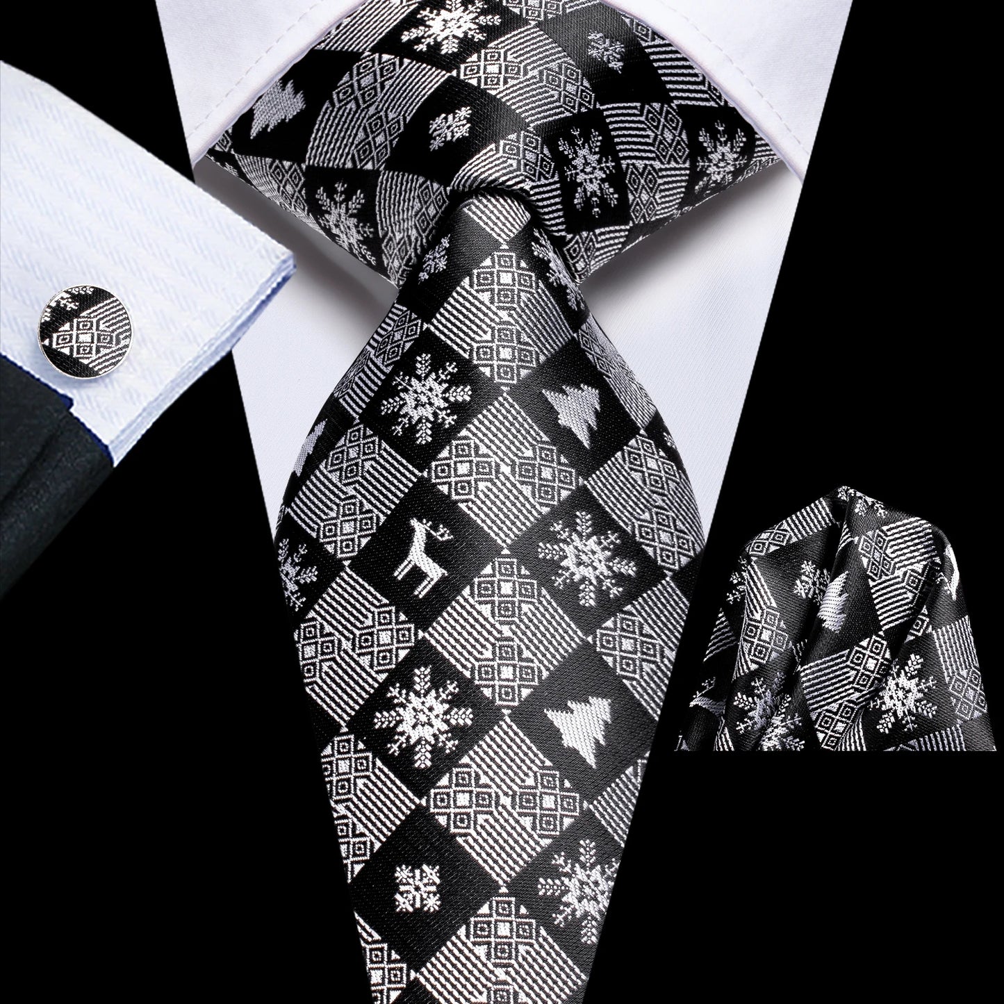 Black Floral Silk Wedding Tie Set - Elegant Necktie with Handkerchief Cufflinks for Men
