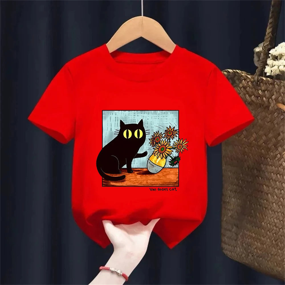 Van Gogh Cat Graphic T Shirts Boys/girls Flower Black Cat T-shirt Round Neck Short Sleeve Trendy Tee Kawaii Kids Clothing