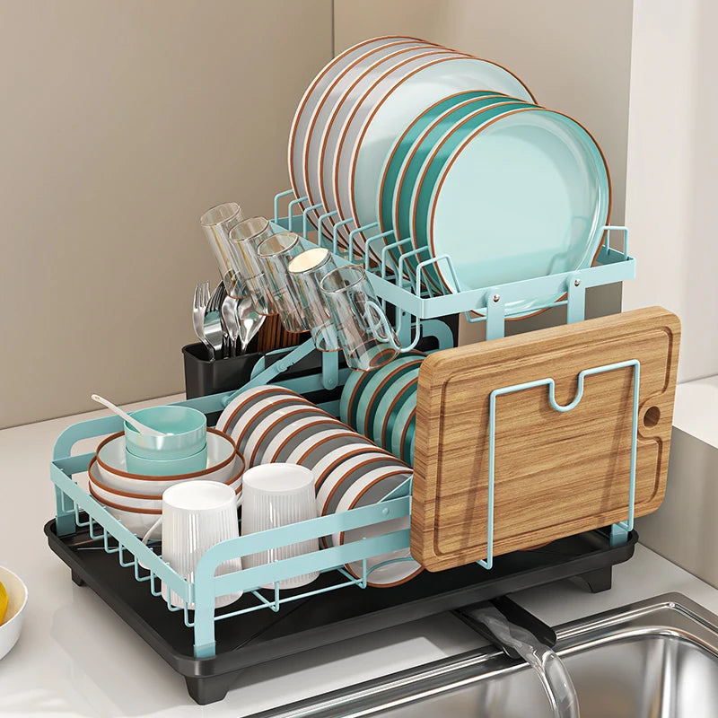 2 Tier Pink Dish Drying Rack with Drainboard | Large Capacity Kitchen Counter Dish Organizer , With Utensil Holder & Accessories