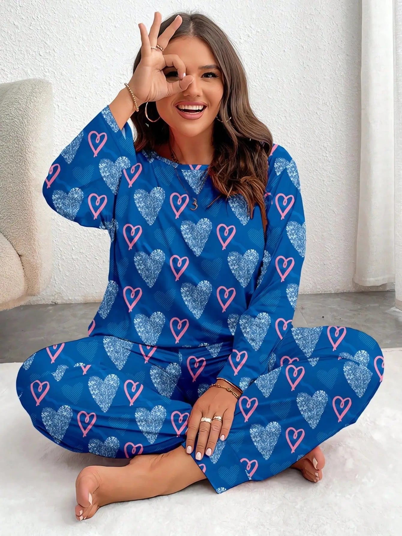 Autumn Winter Pink Heart Print Plus-Size Sleepwear Women Pajama Set Long Sleeve Tops and Trousers 3XL 4XL 5XL Loungewear