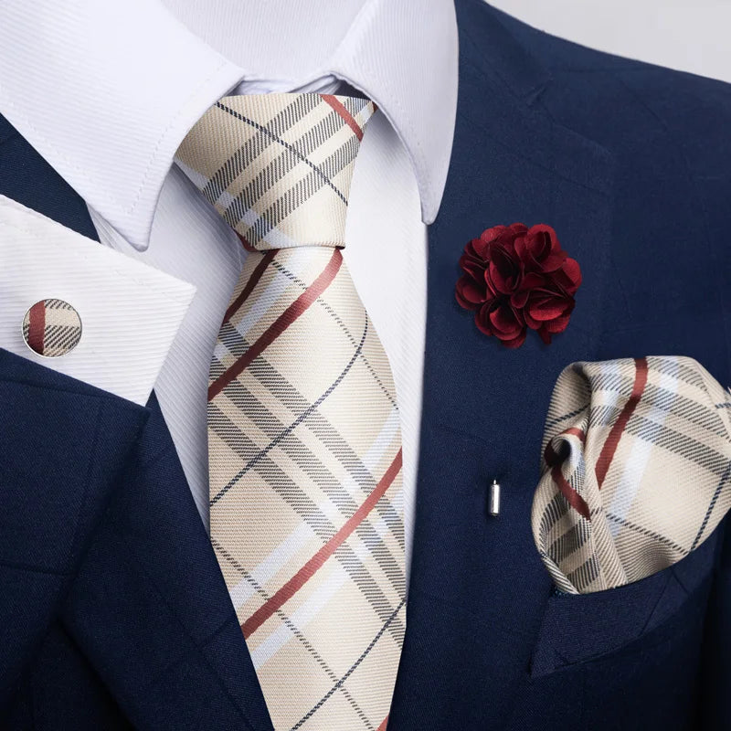 Luxury Mens Floral Black Gold Tie Set - Paisley Necktie Pocket Square Cufflinks Brooch for Weddings and Parties