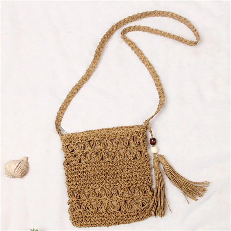 Half Moon Rattan Crossbody Bag - Handmade Woven Straw Beach Bag for Women