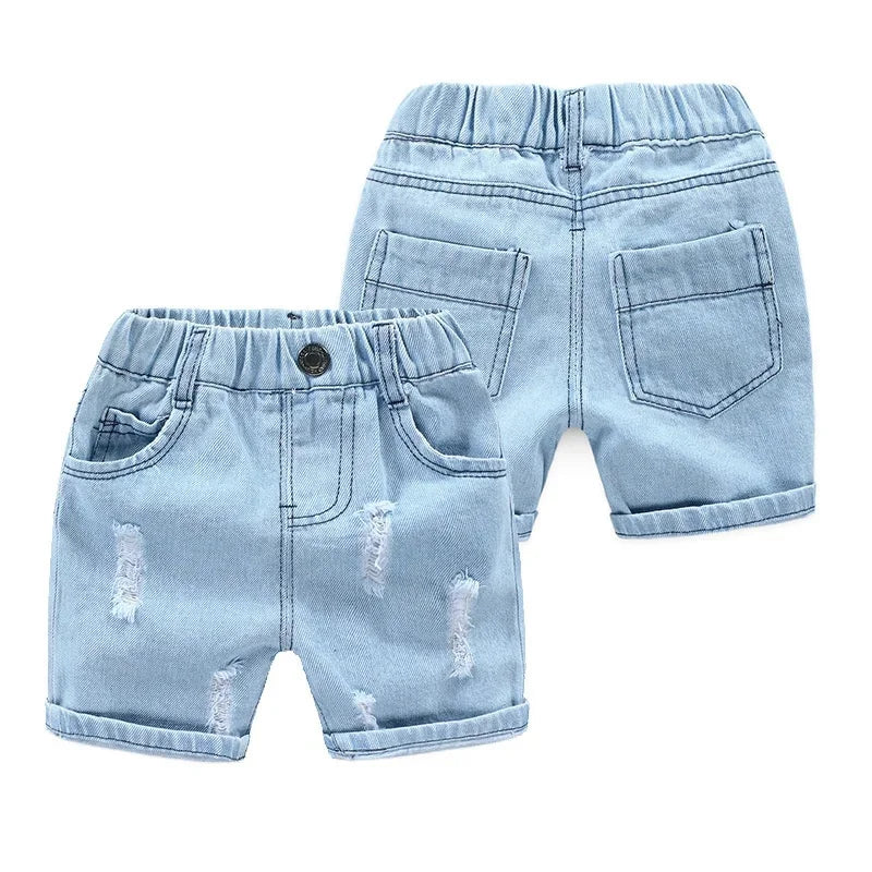 Kids Denim Boy Shorts - Casual Torn Jeans Knee Length Elastic Waist Fashion Trousers 2-8Y