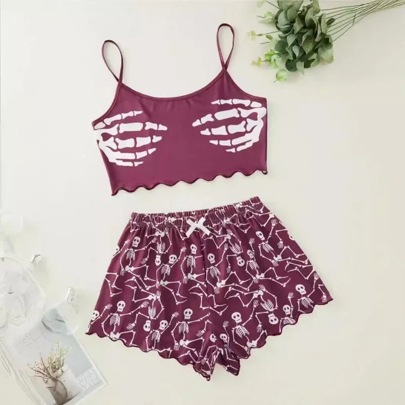 Sexy Alien Print Sling Sleepwear Women's Pajamas Set V-Neck Pyjamas Female Homewear Sleeveless Cute Top And Shorts