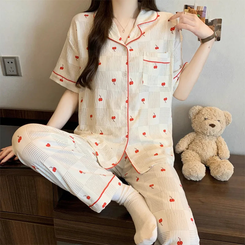 French-Style Sweet Bow Pajamas for Women: Summer Short-Sleeve Long-Pants Set with Cloud-Print, Soft and Cozy Cotton Loungewear