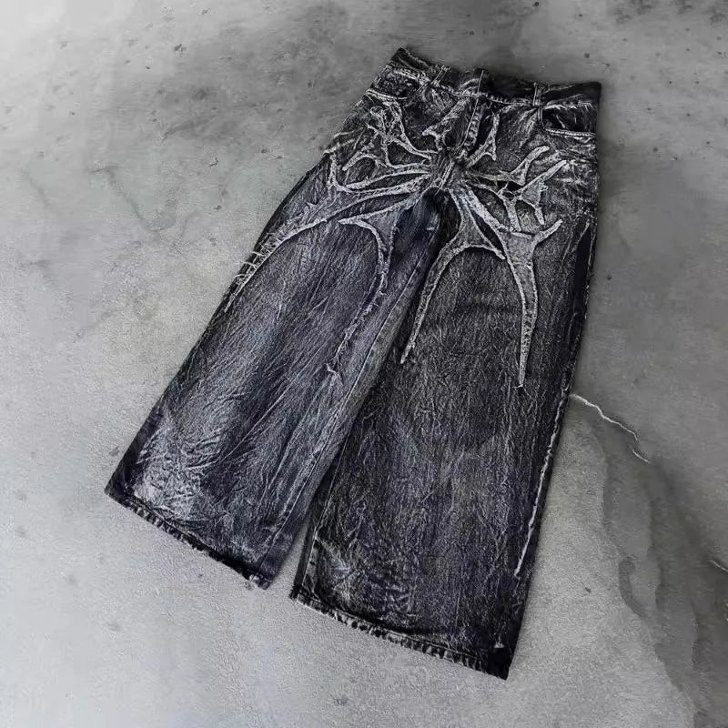 Street New Edge Embroidery Black Baggy Jeans Wide Leg Denim Pants Mens Y2K Harajuku Retro Graphic Patch Jeans Hip Hop Gothic Raw