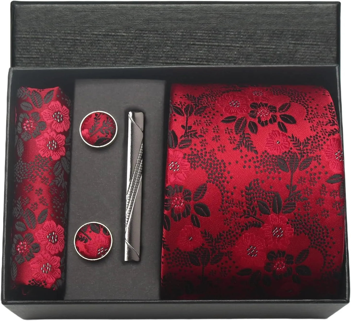 Silk Necktie Set - Paisley Floral Tie with Pocket Square Tie Clip Cufflinks for Men in Gift Box