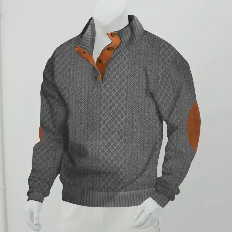 Men's Waffle Knit Quarter Zip Pullover with Contrast Trim and Elbow Patches Casual Long Sleeve Sweater