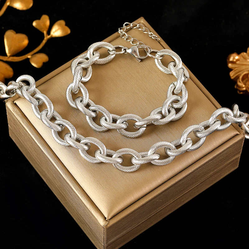 EILIECK 316L Stainless Steel Silver Color Thick Link Chain Necklace Bracelet Set For Women Men New Trendy Metal Jewelry Bijoux