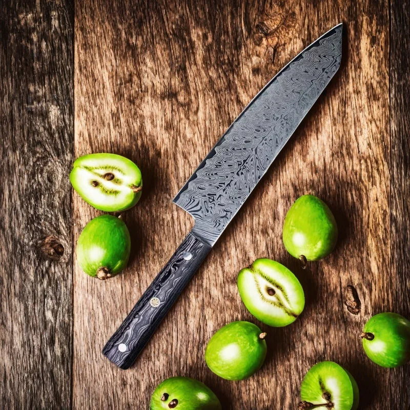 Damascus Chef Knife - Japanese Santoku Slicing Knife with Solid Wood Handle